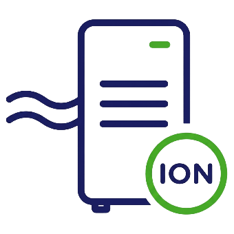 Icon of a whole-home electronic air purification system processing indoor airflow, featuring a green circular ION technology badge.