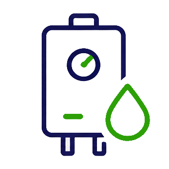 Home heating boiler icon with a green water droplet representing emergency boiler repair and hydronic heating services by K Komfort.