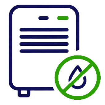 Line icon representing a premium whole-house indoor air quality dehumidifier unit with airflow lines and a quality badge.