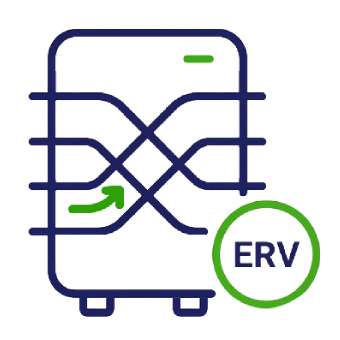 Icon representing a whole-home energy recovery ventilator system exchanging indoor and outdoor air currents, featuring a green ERV badge.