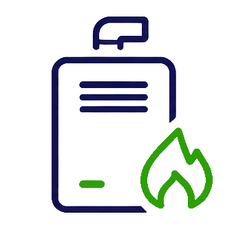 Furnace heating unit icon with a green flame representing emergency furnace repair and heating services by K Komfort.