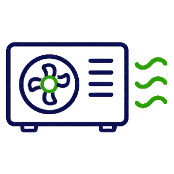 Outdoor heat pump condenser unit icon with green airflow lines representing residential heat pump repair and maintenance services by K Komfort.