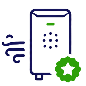 Icon representing a professionally installed whole-home humidifier system emitting comfortable air moisture, featuring a green certified star badge.