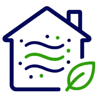 Indoor air quality icon showing a house outline with air purification waves and a green leaf for K Komfort allergy-free home services in Greater Milwaukee.