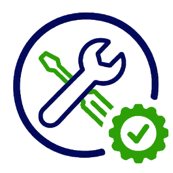 HVAC repair and install icon featuring a crossed wrench, screwdriver, and certified checkmark badge for K Komfort heating and cooling services in Washington County.