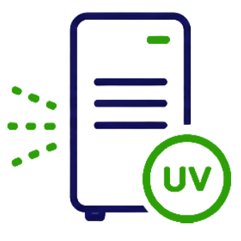 Icon representing a professionally installed HVAC UV light system sanitizing indoor air, featuring a green UV badge.