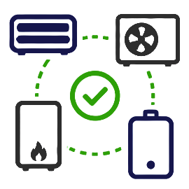 HVAC systems icon showing a mini-split, air conditioner, furnace, and water heater surrounding a green checkmark for K Komfort multi-brand repair services in Sheboygan County.
