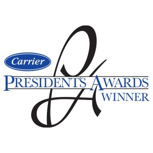 Carrier Presidents Award Winner logo representing elite HVAC service excellence and technical expertise for K Komfort in West Bend and Greater Milwaukee.