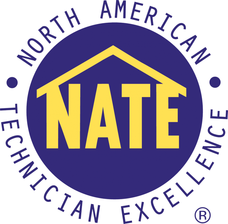 NATE Certified Technician badge representing North American Technician Excellence certification for K Komfort heating and cooling repairs in Ozaukee County.