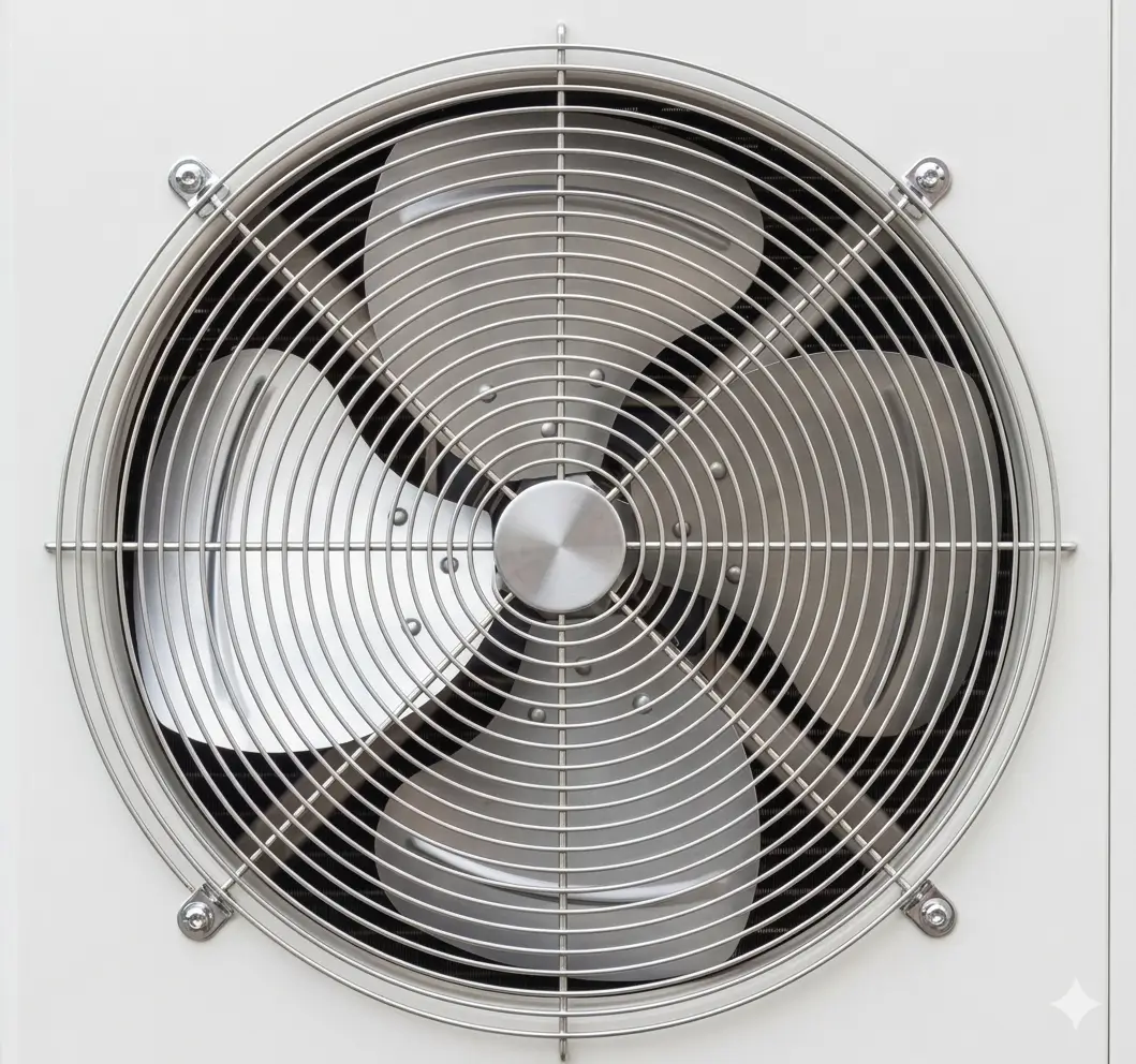 Close up of an outdoor air conditioner condenser fan grill representing commercial and residential AC repair services by K Komfort.
