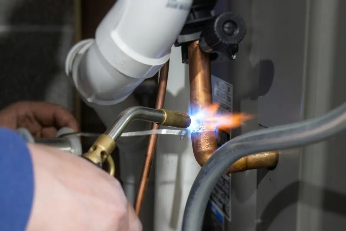 HVAC technician brazing copper lines during a professional furnace and AC installation service by K Komfort.