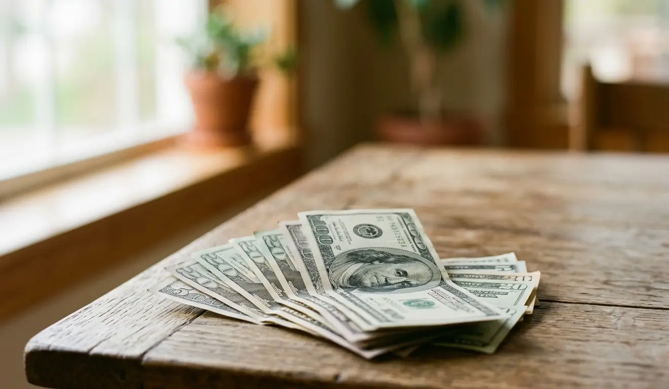 Maximize HVAC Energy Savings & Rebates A fanned stack of cash on a wooden table representing home energy efficiency savings and instant financial utility rebates from K Komfort in Milwaukee, Wisconsin.