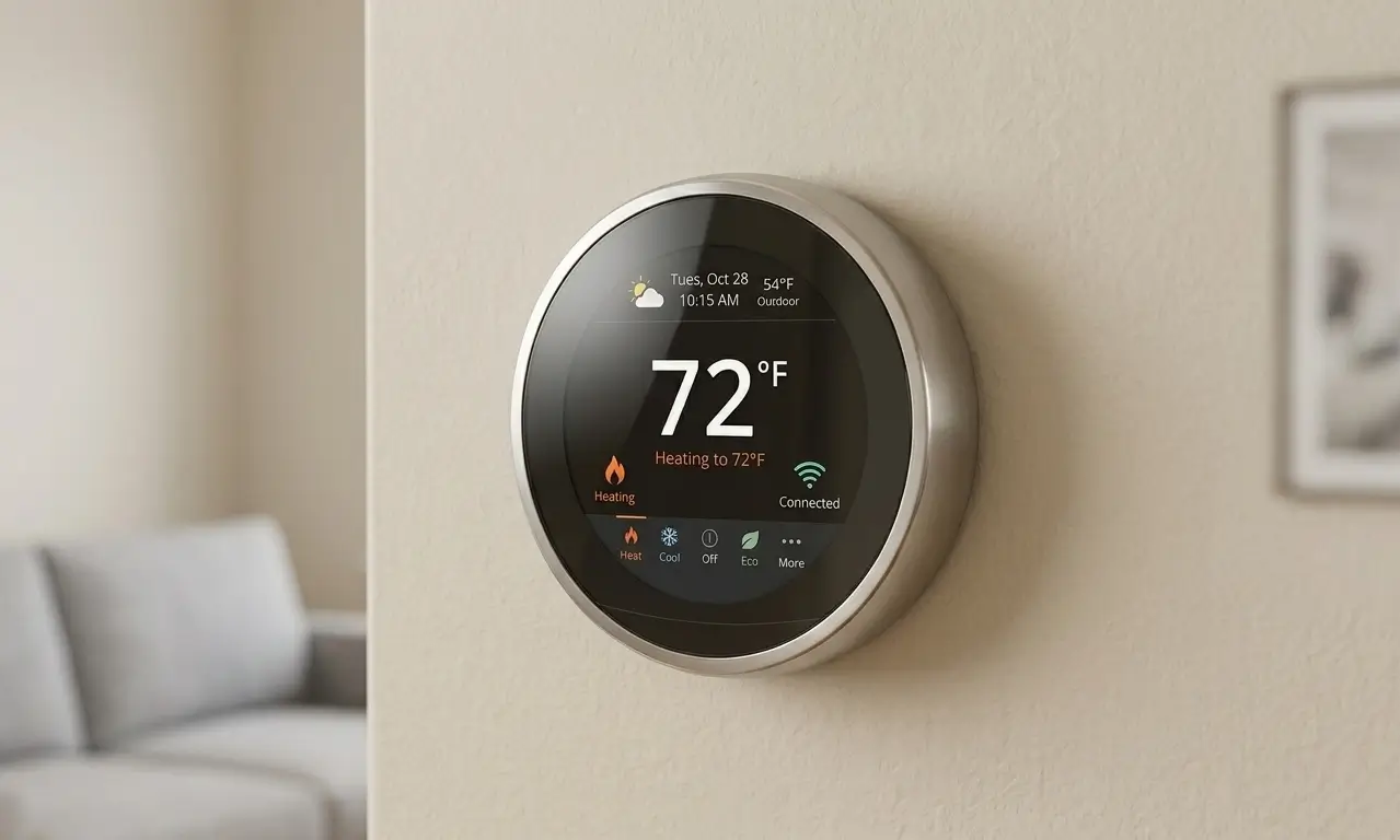 Smart thermostat on wall displaying home heating system active at 72 degrees by K Komfort HVAC services in Greater Milwaukee.