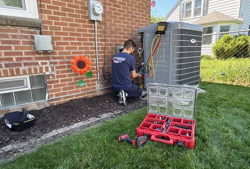 Licensed HVAC technician kneeling beside an outdoor Carrier air conditioner condenser unit while running diagnostic checks with specialized testing tools and a red toolbox on a residential lawn.
