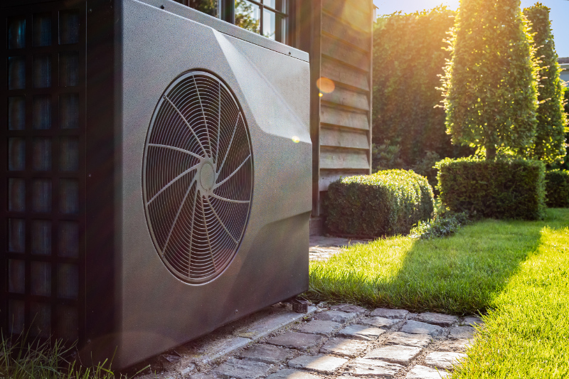 Switching from Warm to Cool. Close-up of black full inverter heat pump outside in the garden, near wooden pool house on a sunny day. Lens flare on the image.