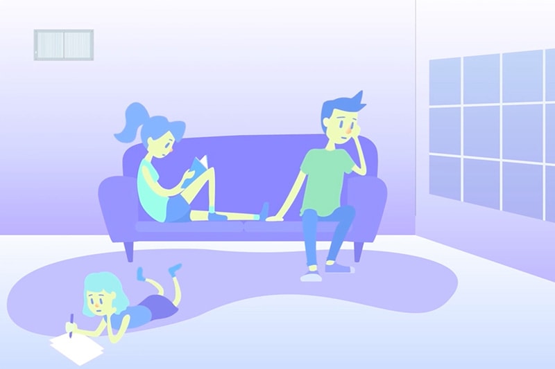 Keep Clean Air During Your Time at Home. A couple sitting on a couch, and a child laying on the floor.